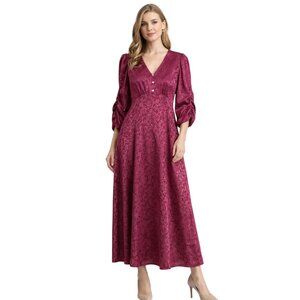 Emma & Michele Burgundy Jacquard Midi Maxi Dress Gathered Sleeve Size Lg.